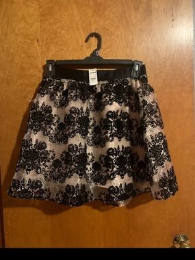 Express Black Lace Overlay Mini Skirt on Champagne Satin